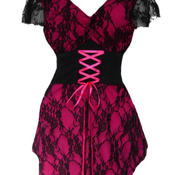 Dare to Wear 5X Fuchsia Sweetheart Lace Overlay Top - Picture 5 of 8